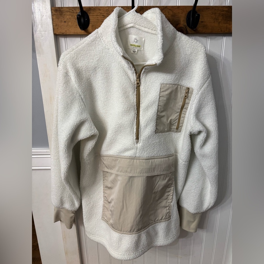 White and Tan Sherpa Pullover Jacket